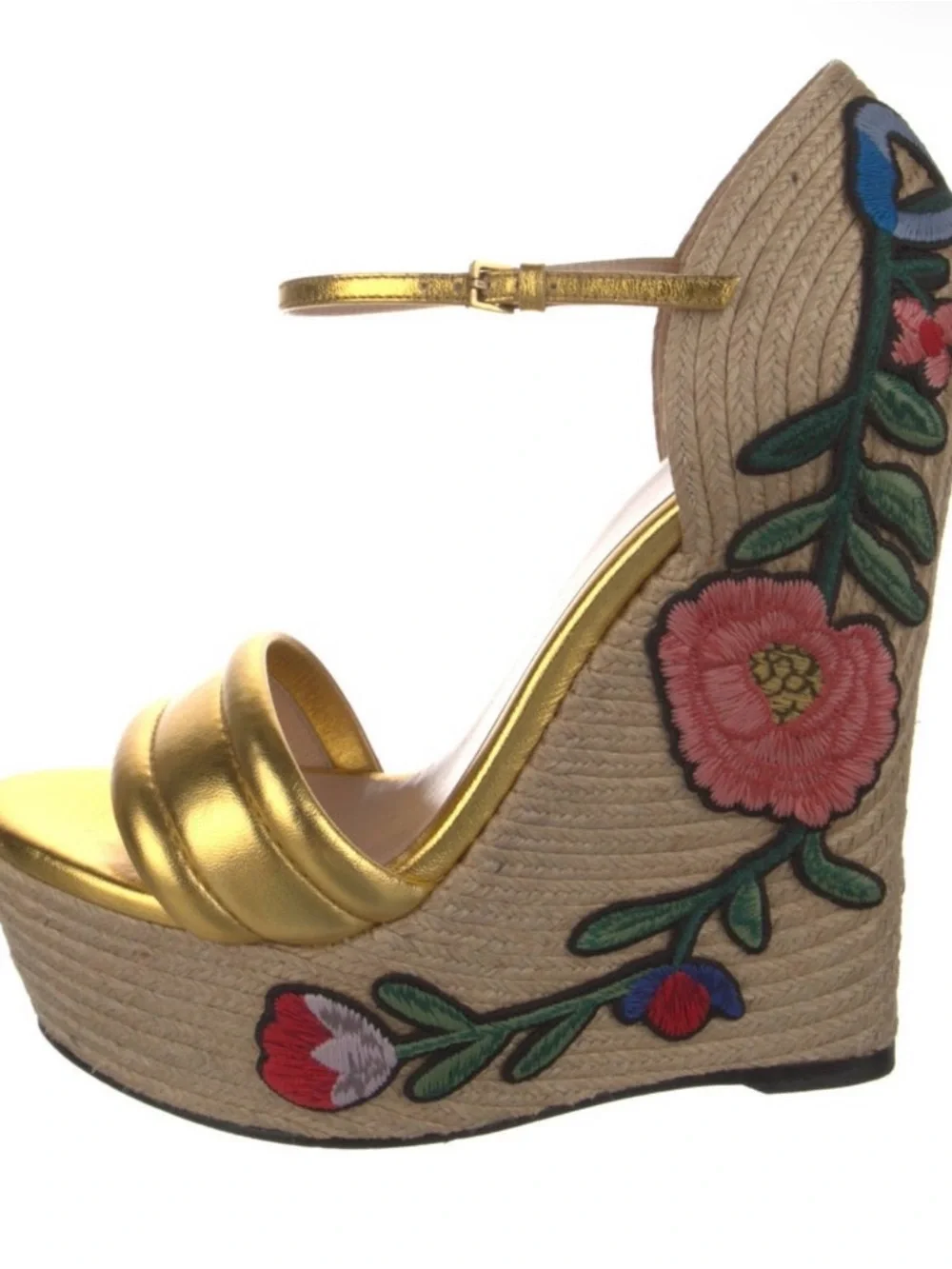 Gucci Gold Metallic Embroidered Espadrille Wedge Sandals